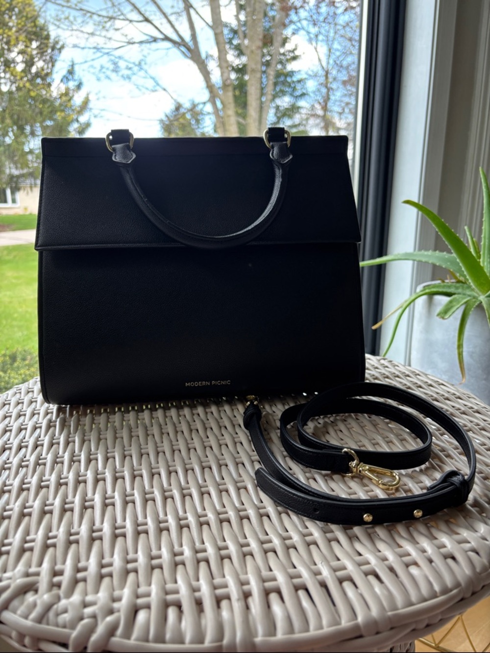 Modern Picnic Black Leather Top-Handle Satchel Lunch Bag Large
